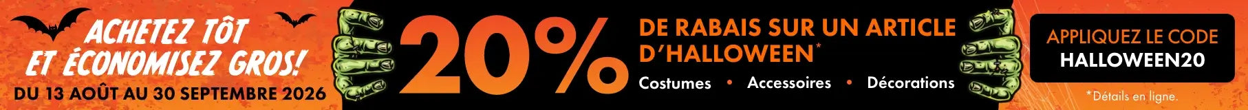 20% de rabais sur un article d'Halloween, appliquer le code HALLOWEEN20