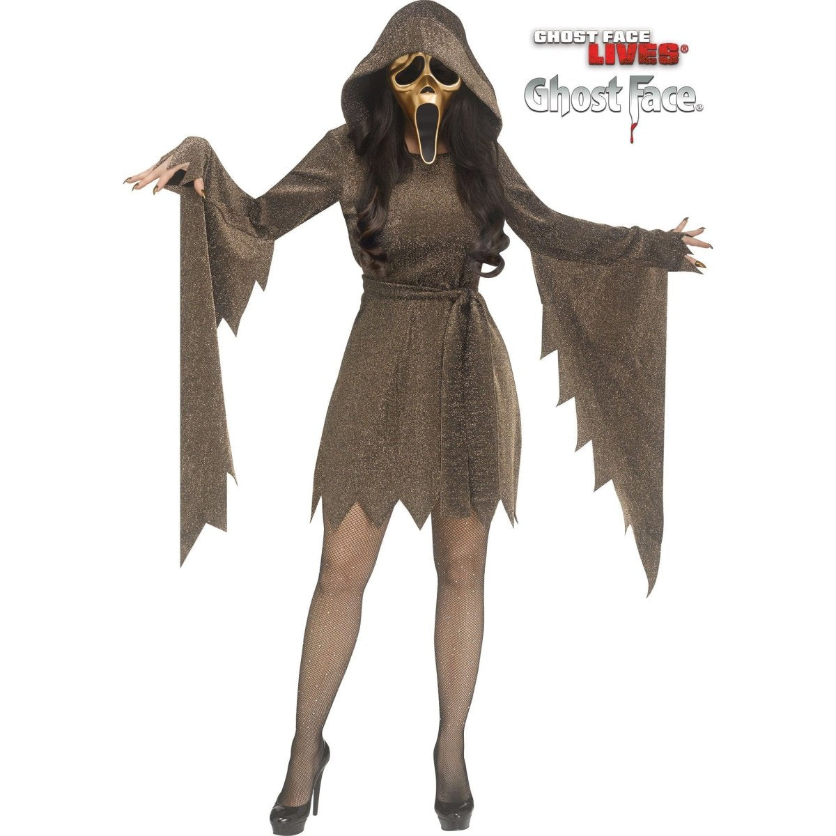 Adults Ghost Face Shimmer Gold Hooded Dress Costume Large 10-14 Adults Ghost Face Shimmer Gold Hooded Dress Costume Large 10-14