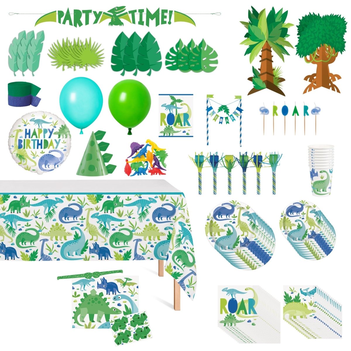 PARTY EXPERT Kids Birthday Blue and Green Dinosaurs Ultimate Birthday Party Supplies Kit, 8 Guests