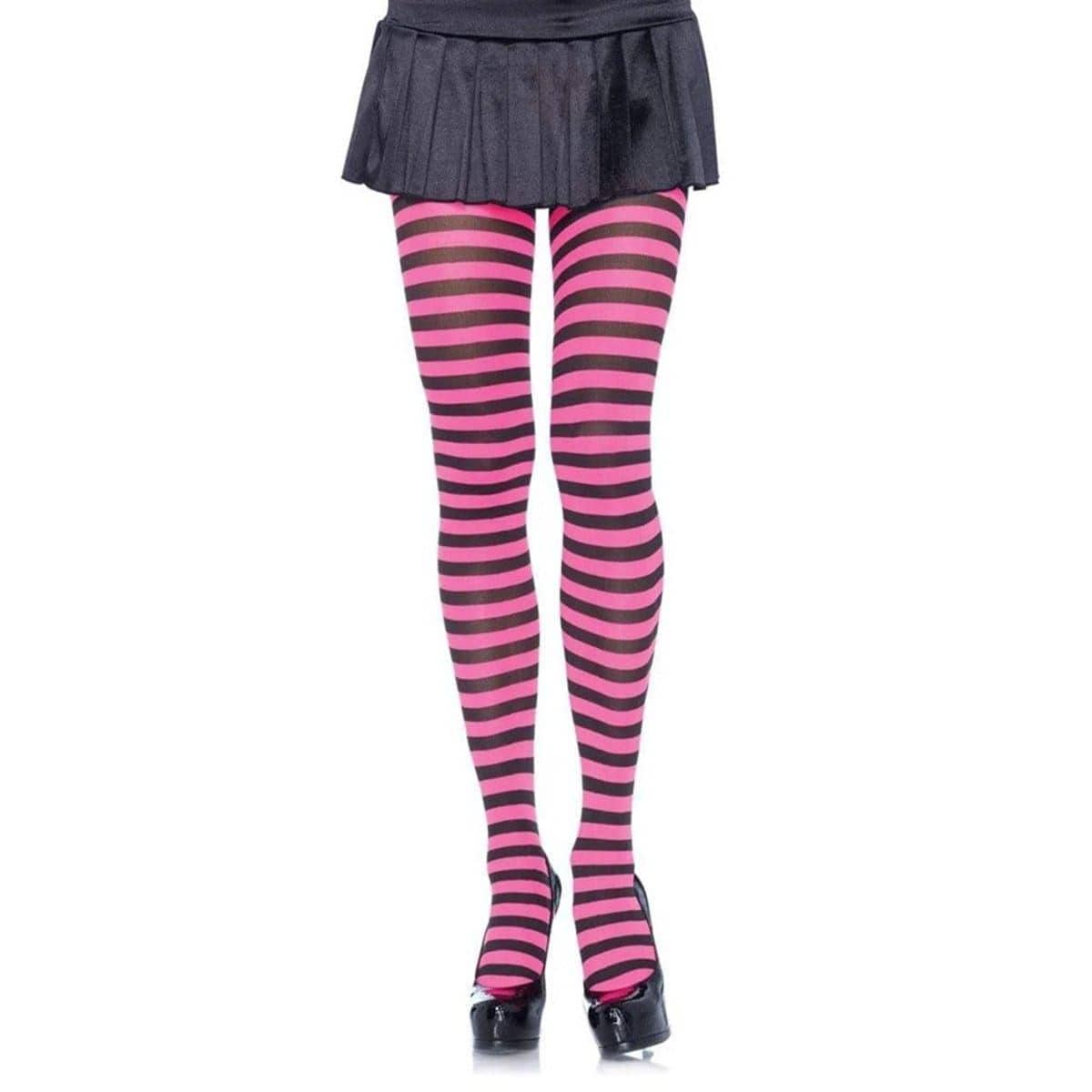 Black & pink striped nylon tights for women
