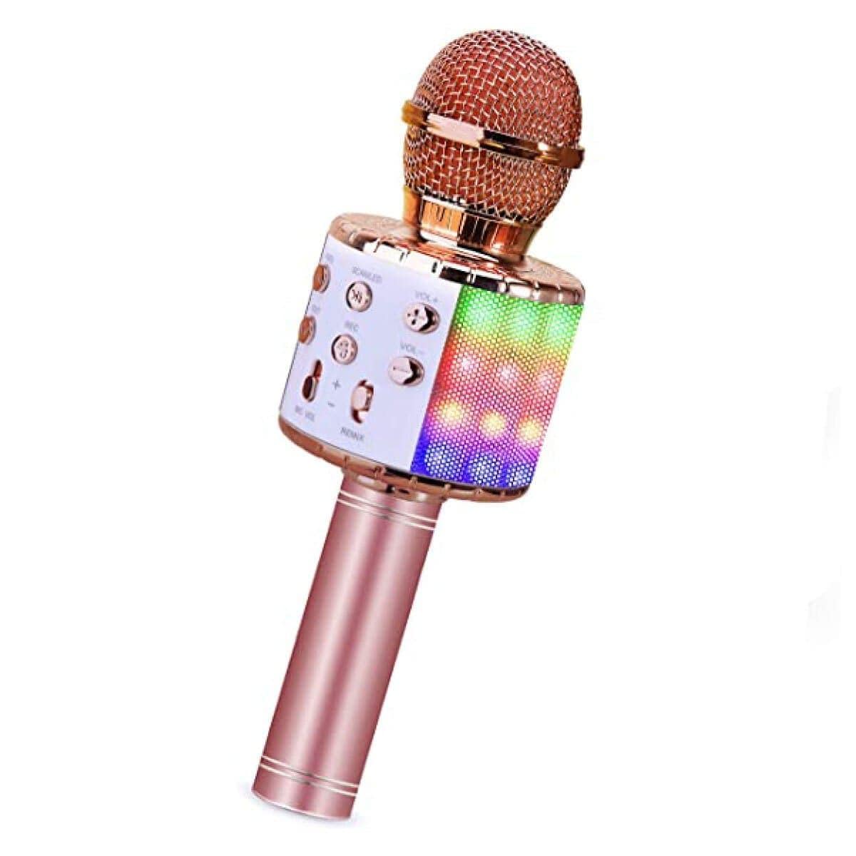 Microphone Karaoké Sans Fil avec Lumières DEL, Rose Or – Party Expert