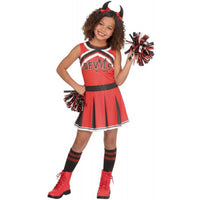 Devilish Cheerleader Costume for Kids, Red Dress, Horns, Pom Poms and Socks