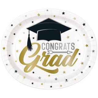 Stars and Caps Graduation Large Oval Paper Plates, 12 Inches, 8 Count