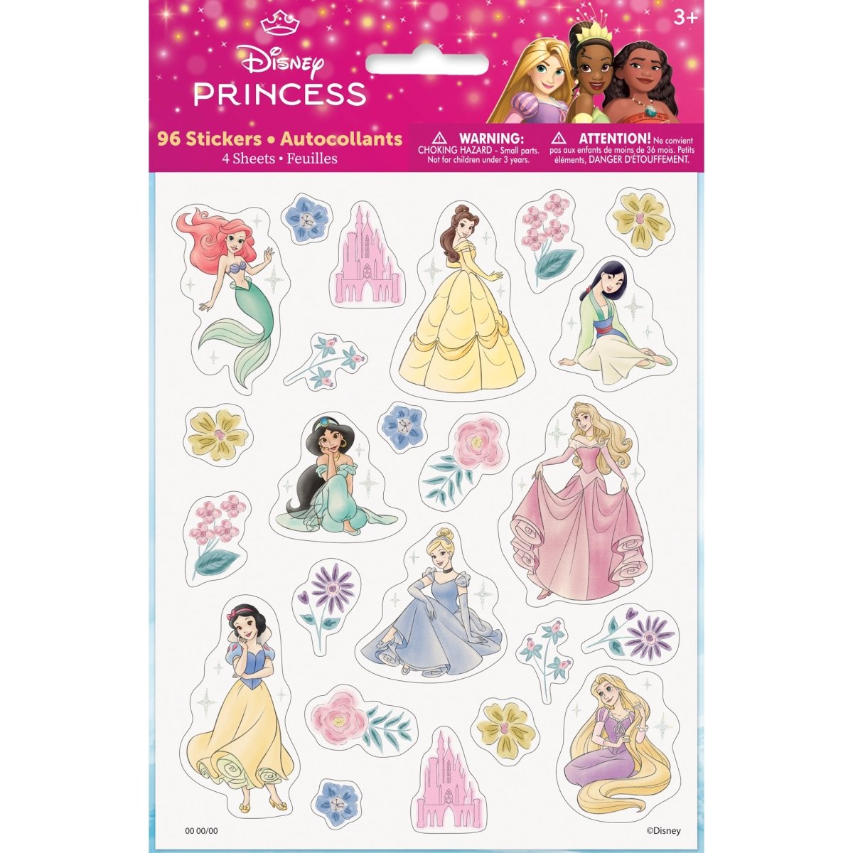 Autocollants scintillants de Princesses Disney, 4 feuilles, 96 unités