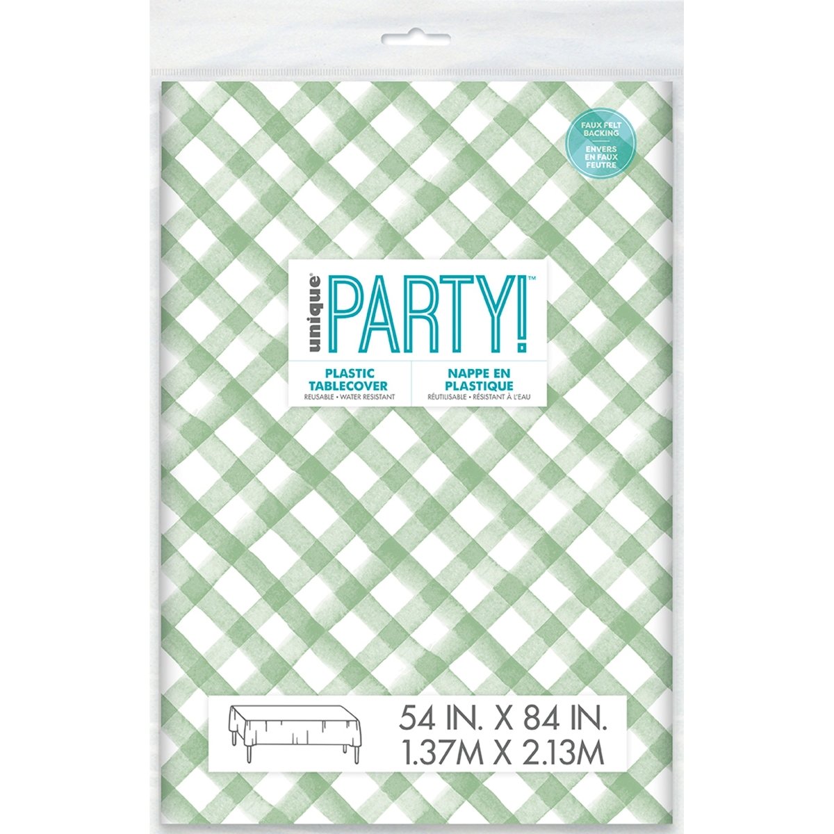 Green Gingham Rectangular Flannel Backed Vinyl Table Cover, 54 x 84 Inches, 1 Count