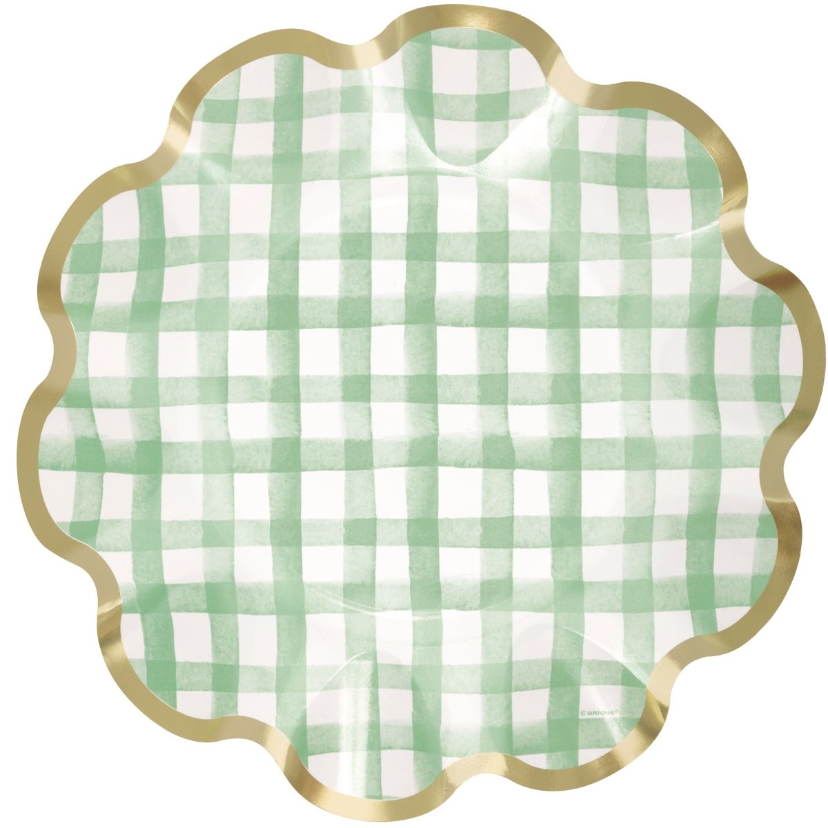 Grandes assiettes en papier à carreaux Vichy Vert avec bordure dorée, 10 pouces, 8 unités
