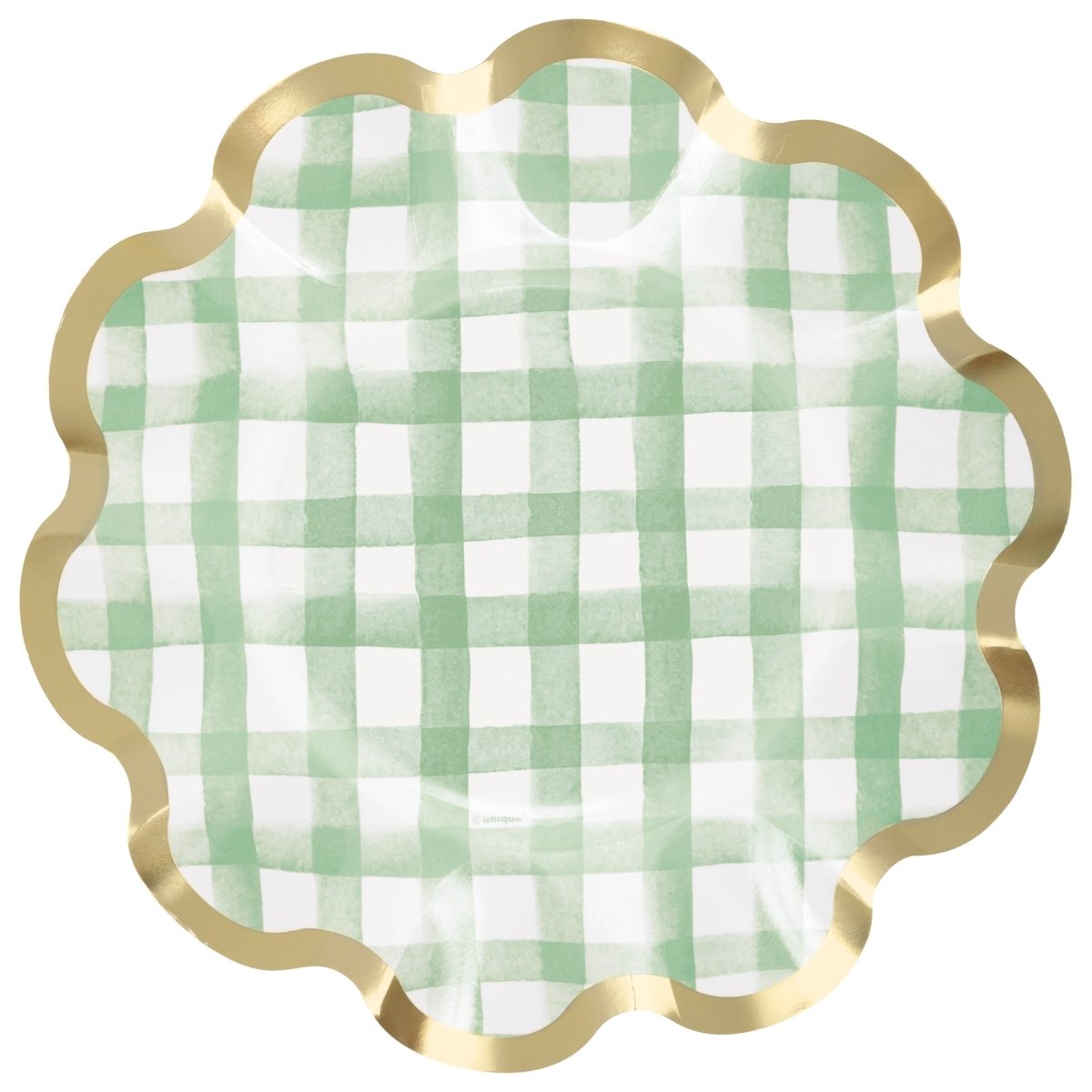 Grandes assiettes en papier à carreaux verts avec bordure dorée, 9 pouces, 8 unités