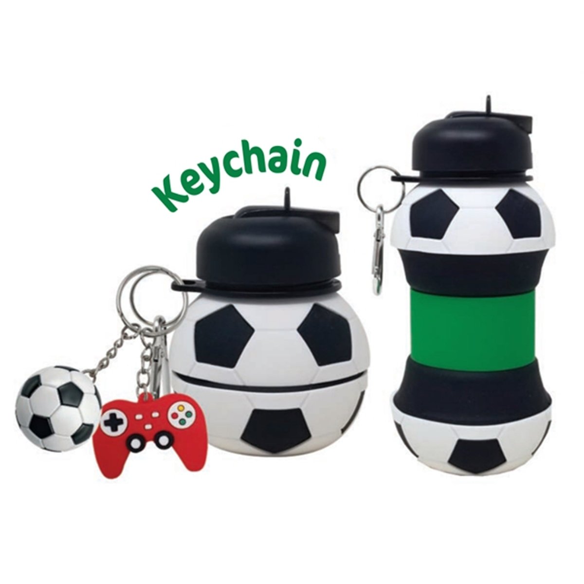 Bouteille d’eau pliable ballon de soccer avec porte-clés et mousqueton, 500 ml, 1 unité