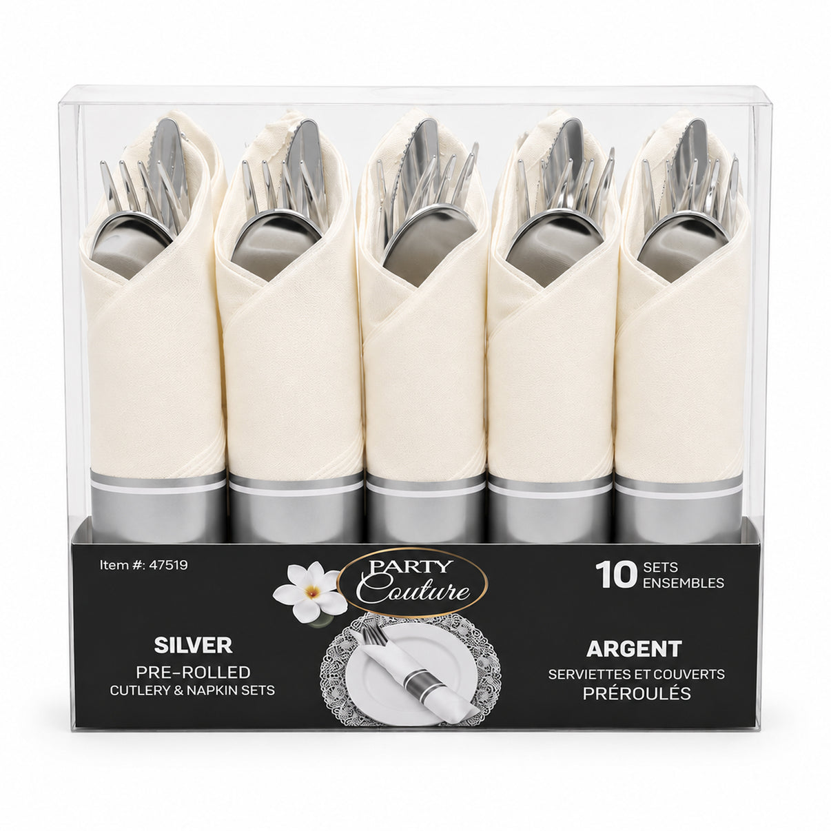Pre-Rolled Cutlery And Napkin Sets 10/Pkg - Silver