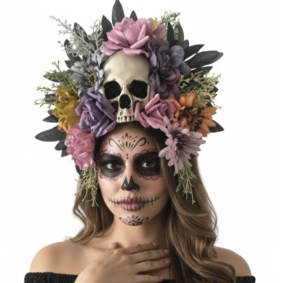 Serre-tête floral avec crâne pour adultes