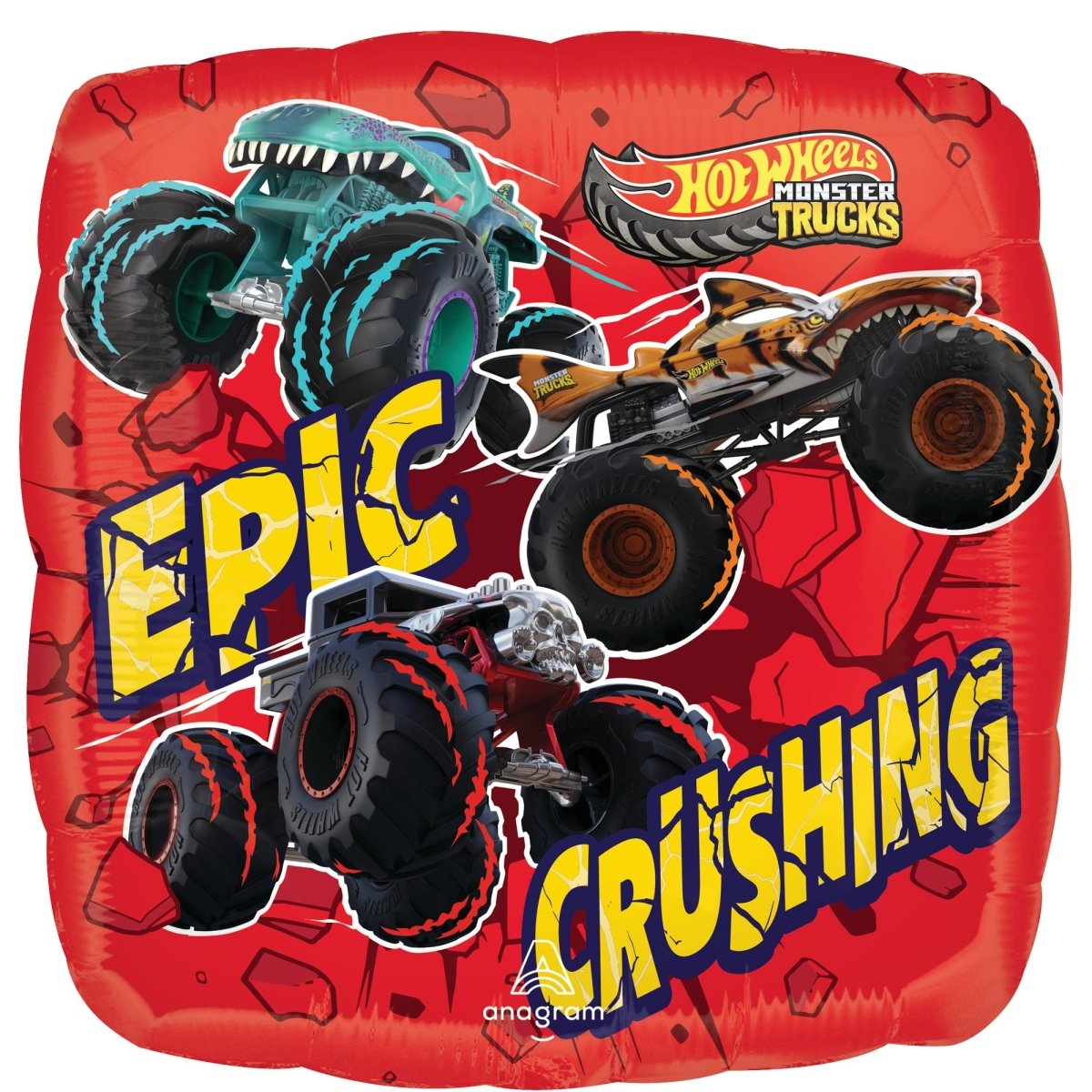 Ballon mylar carré Hot Wheels Monster Trucks, 18 pouces, 1 unité