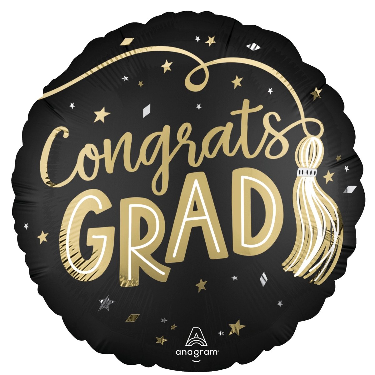 Ballon mylar rond 'Congrats Grad' satiné, noir et doré, 18 pouces, 1 unité