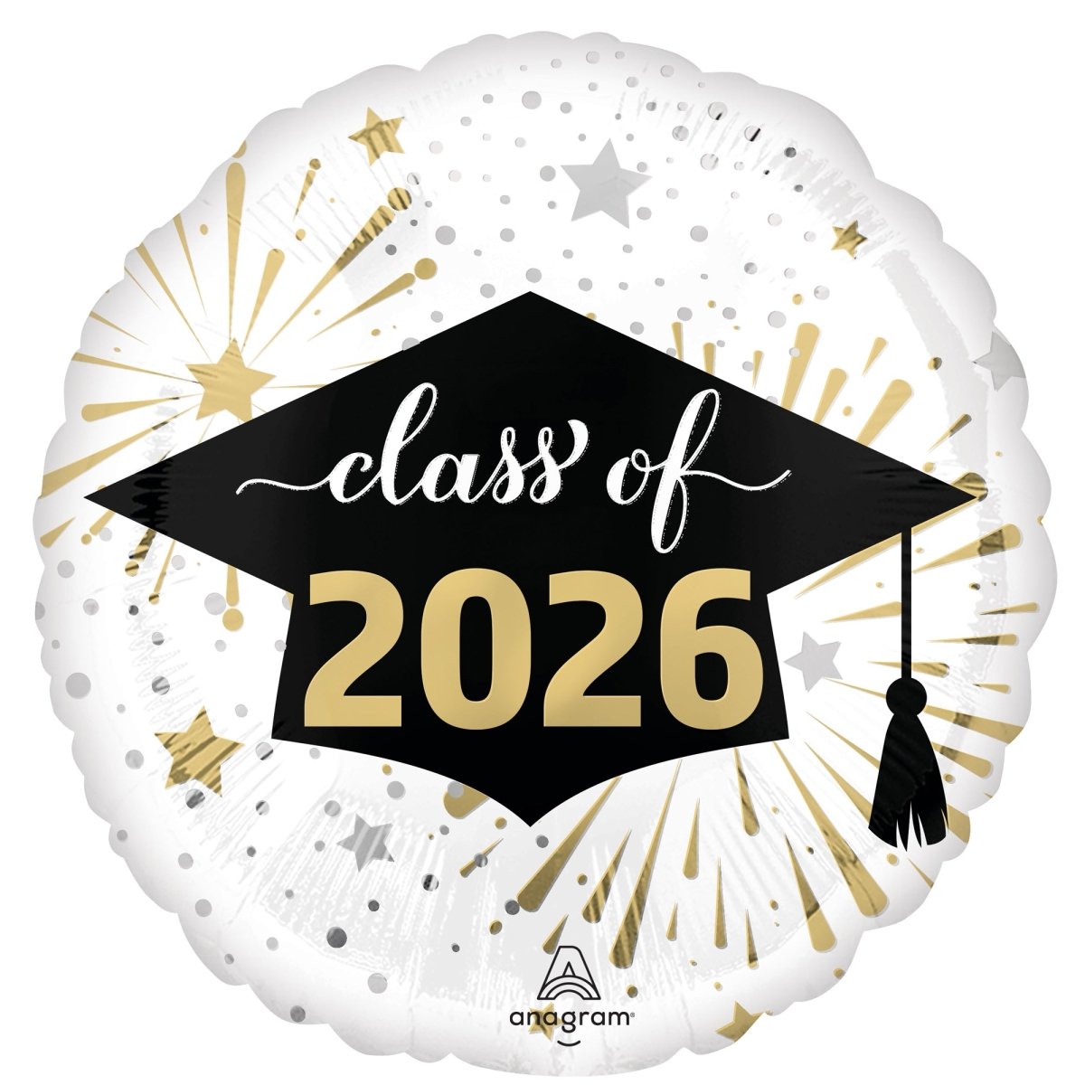 White 'Class of 2026' Graduation Round Foil Balloon, 18 Inches, 1 Count