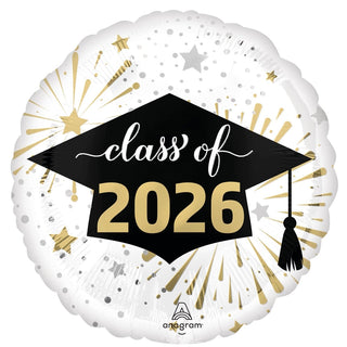 White 'Class of 2026' Graduation Round Foil Balloon, 18 Inches, 1 Count