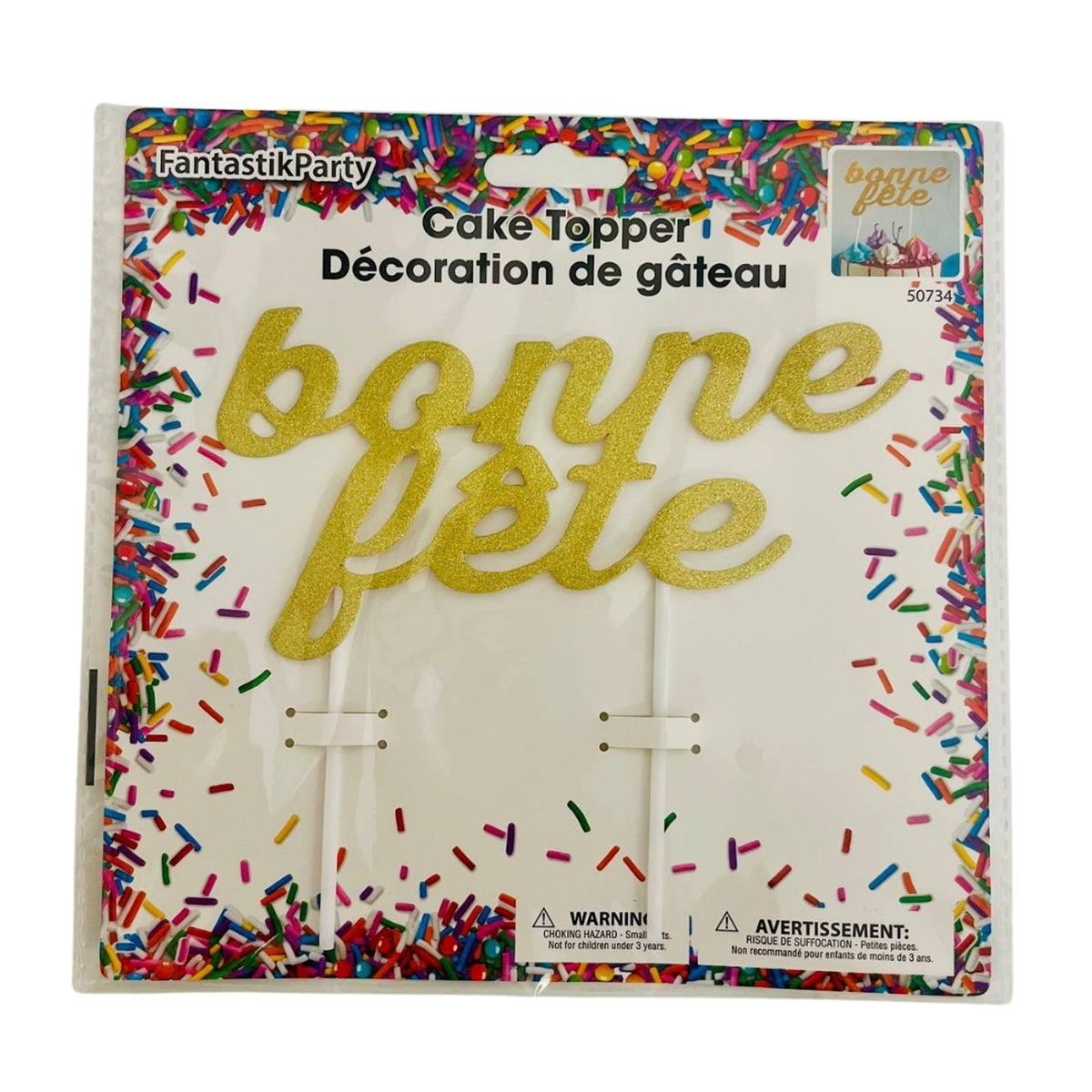 Gold "Bonne Fête" Birthday Cake Topper, 1 Count
