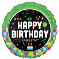 "Press Start" Video Game Birthday Round Mylar Foil Balloon, 18 Inches, 1 Count