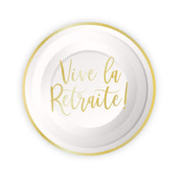 Gold "Bonne Retraite" Small Round Dessert Paper Plates, 7 Inches, 8 Count