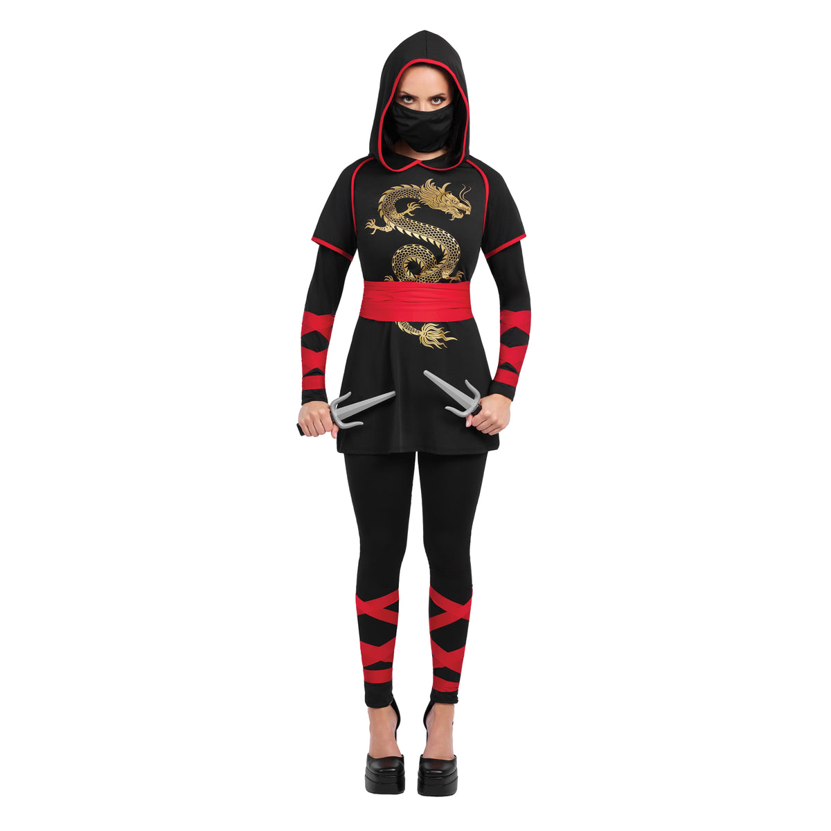 Costume de ninja de nuit pour adultes, noir, rouge et doré