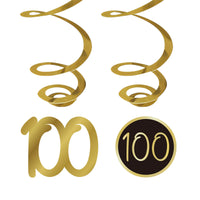 Golden Celebration 100th Birthday Spiral Hanging Decorations, 6 Count