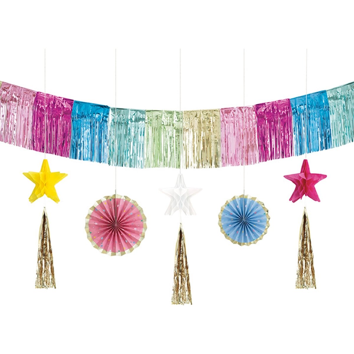 Pastel Party Honeycomb Paper Fan and Fringe Banner Kit, 6 Count