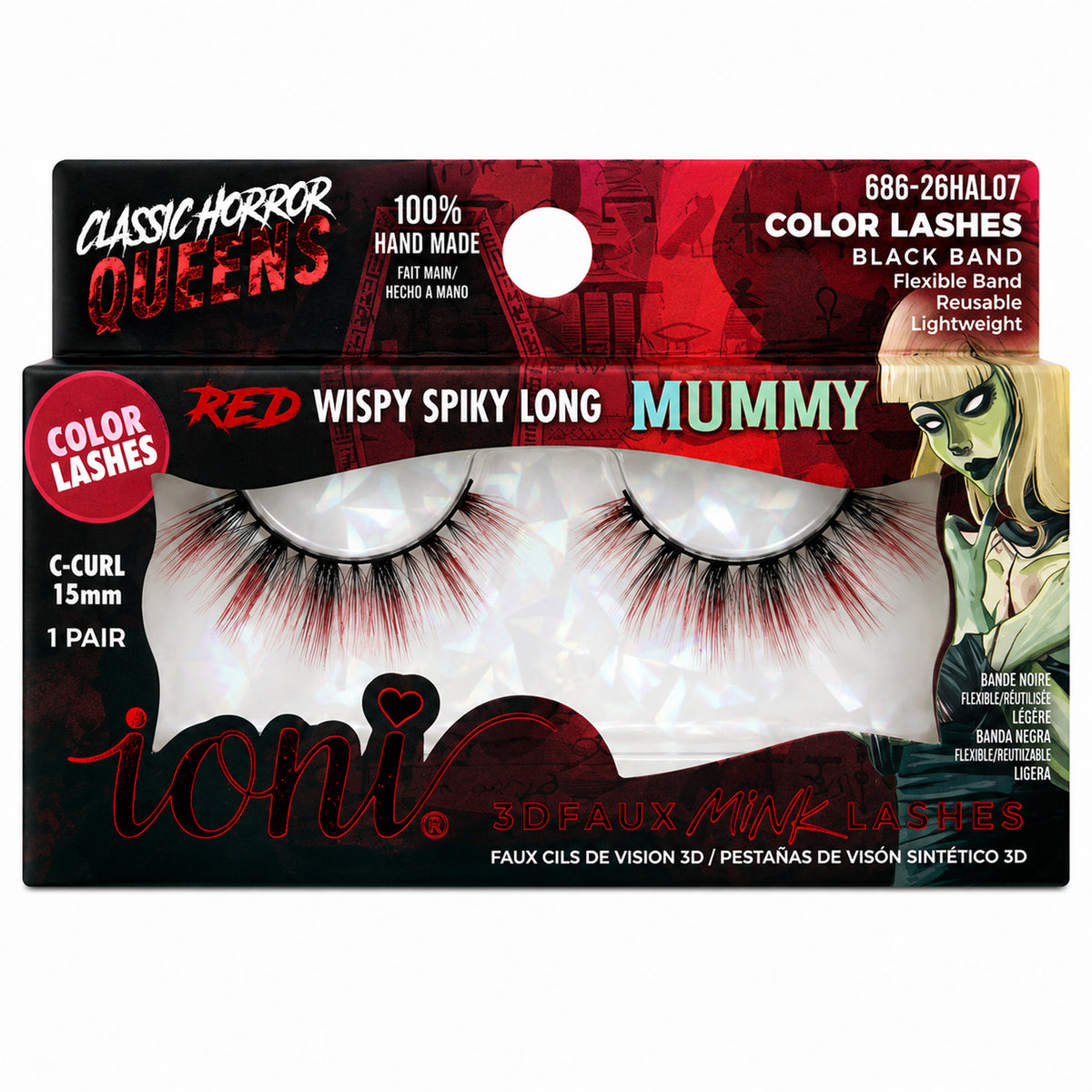 Mummy Red Wispy Spiky Long Eyelashes, Classic Horror Queens Eyelashes, 1 Count