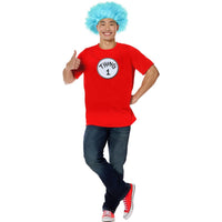 Ensemble de costume de Chose pour adultes, Le Chat dans le Chapeau, t-shirt, écussons et perruque