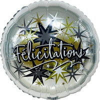 Ballon mylar rond "Félicitations" chic, argenté, noir et doré, 18 pouces, 1 unité