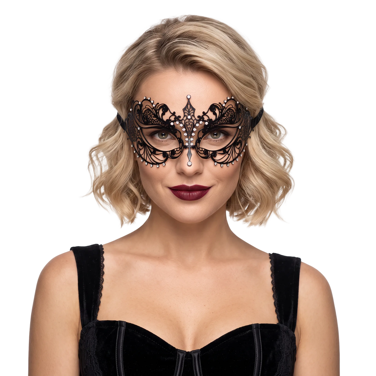 Black Metal Venetian Mask with Rhinestones, 1 Count