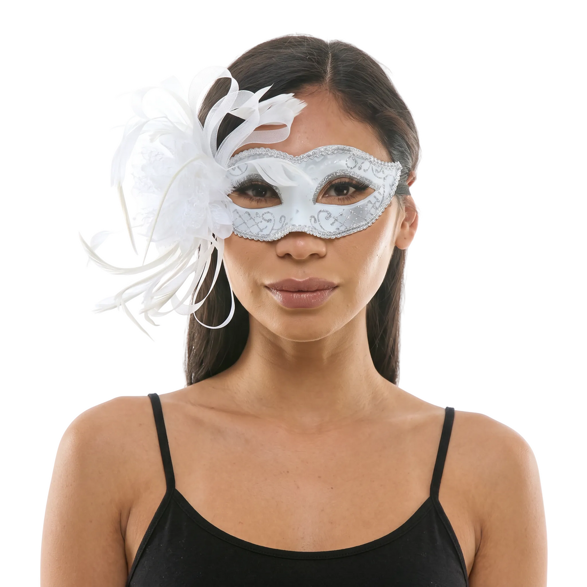 White Venetian Mask with Side Feathers, 1 Count