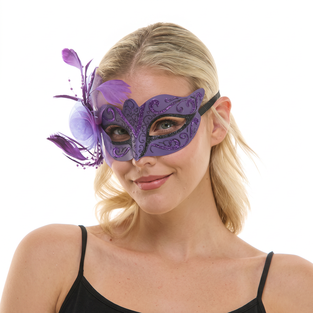 Purple Venetian Mask with Side Feathers, 1 Count