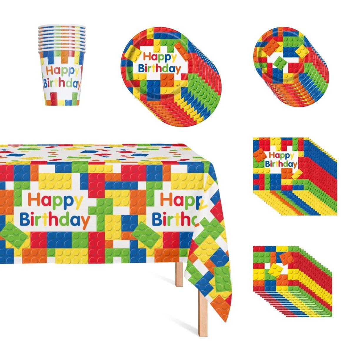 Block Party Basic Tableware Birthday Party Supplies Kit, 8 Guests
