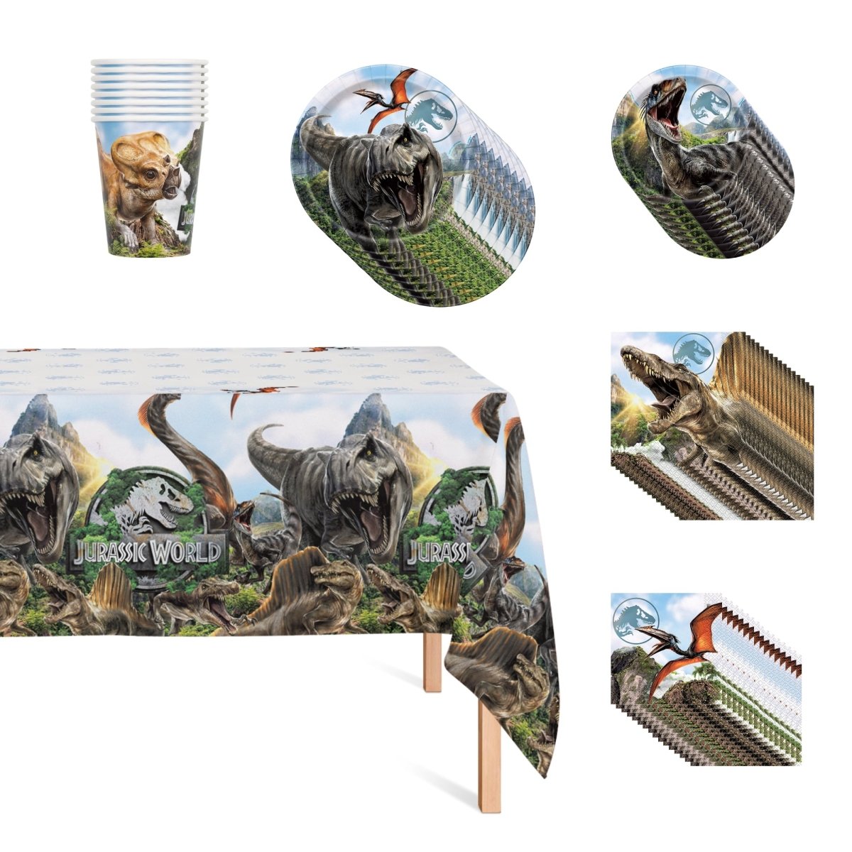 Jurassic World Basic Tableware Birthday Party Supplies Kit, 8 Guests