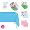 Party supplies set with Peppa Pig-themed plates, cups, tablecloth, and napkins on a white background.