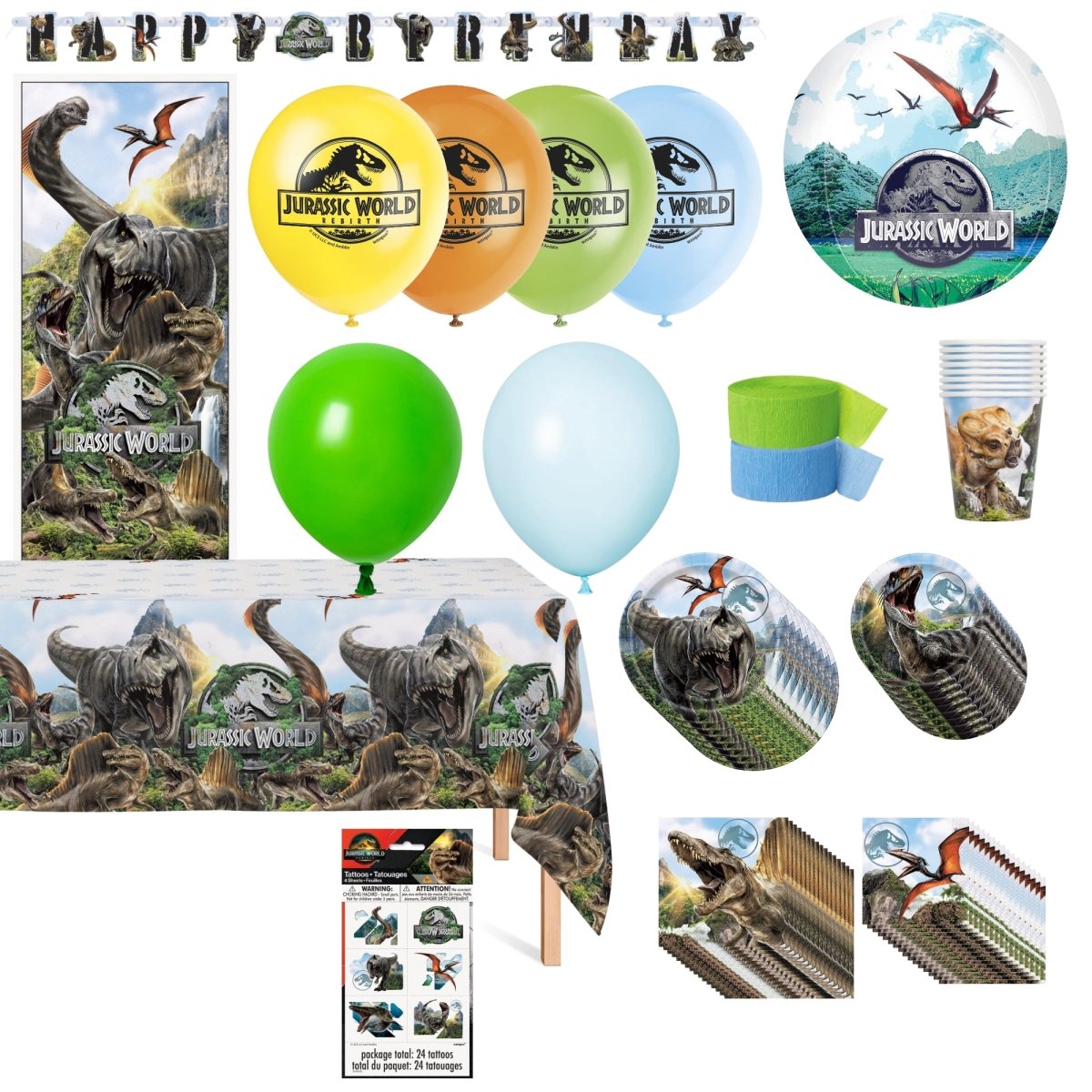Ensemble de fête d'anniversaire standard du Monde Jurassique, 8 Invités
