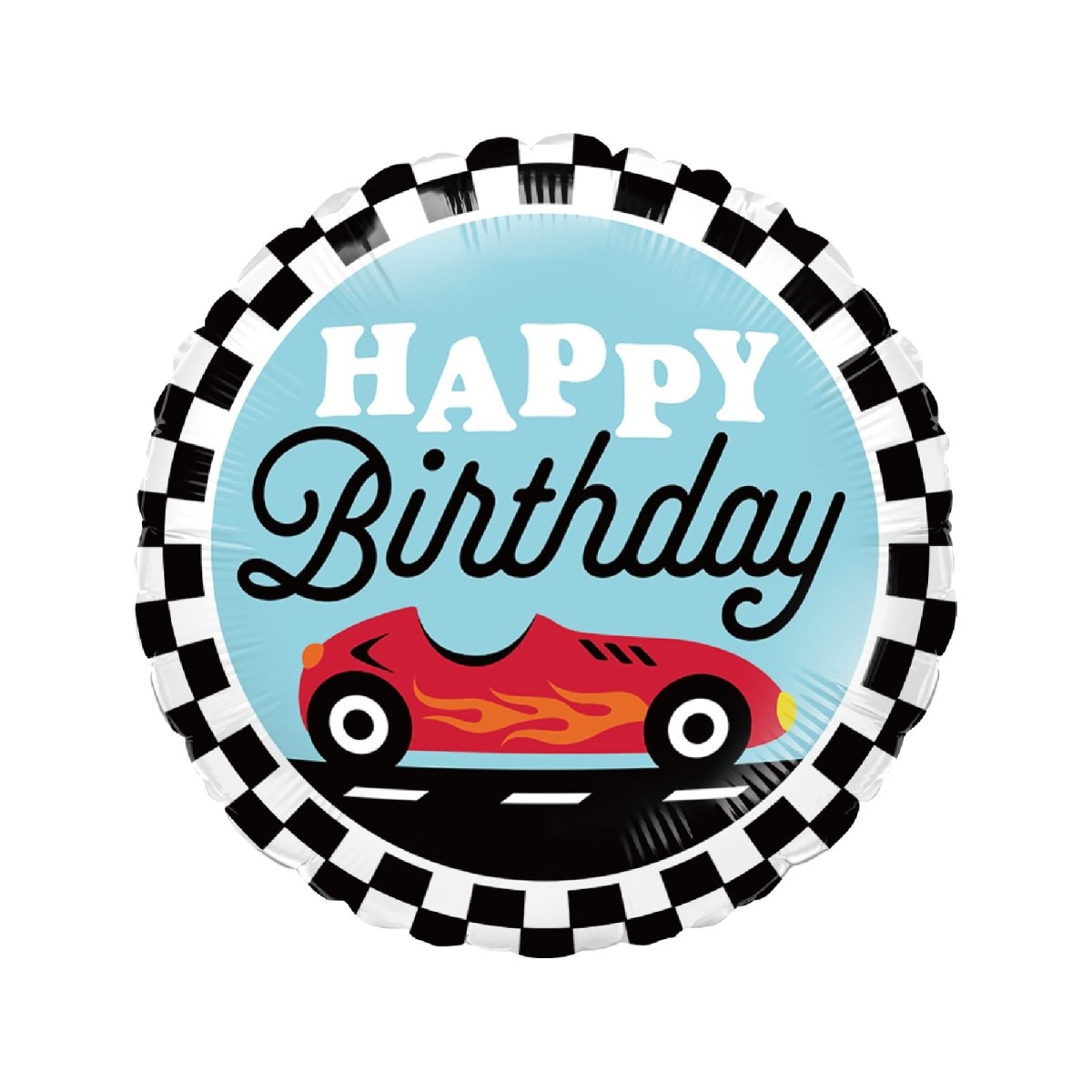 Ballon mylar rond de Voiture de Course à Damier 'Happy Birthday', 18 pouces, 1 unité