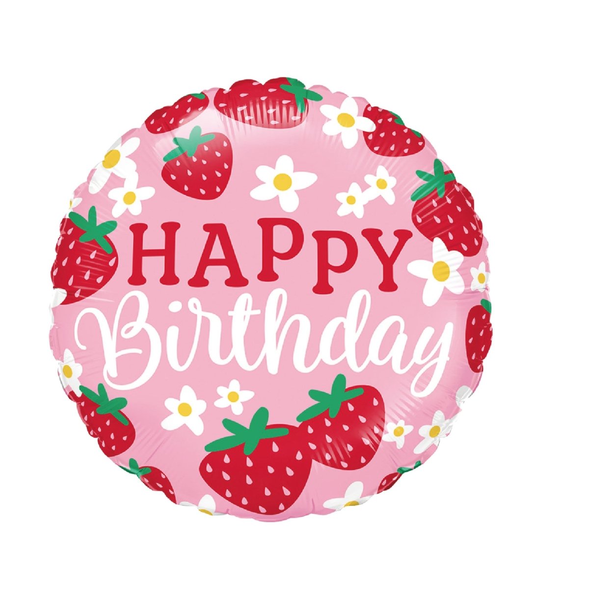 Ballon mylar rond 'Happy Birthday' de Fraises et Marguerites, 18 pouces, 1 unité