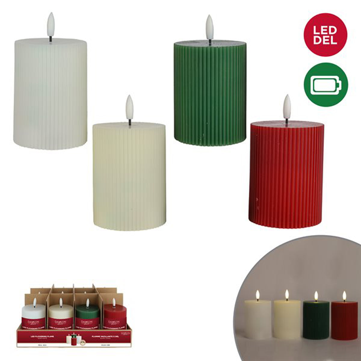 Flickering Flame Ribbed Wax Candle - Asst.