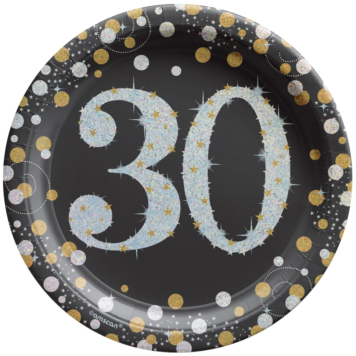 AMSCAN CA Age Specific Birthday 30th Sparkling Celeb Small Round Dessert Paper Plates, 7 Inches, 8 Count