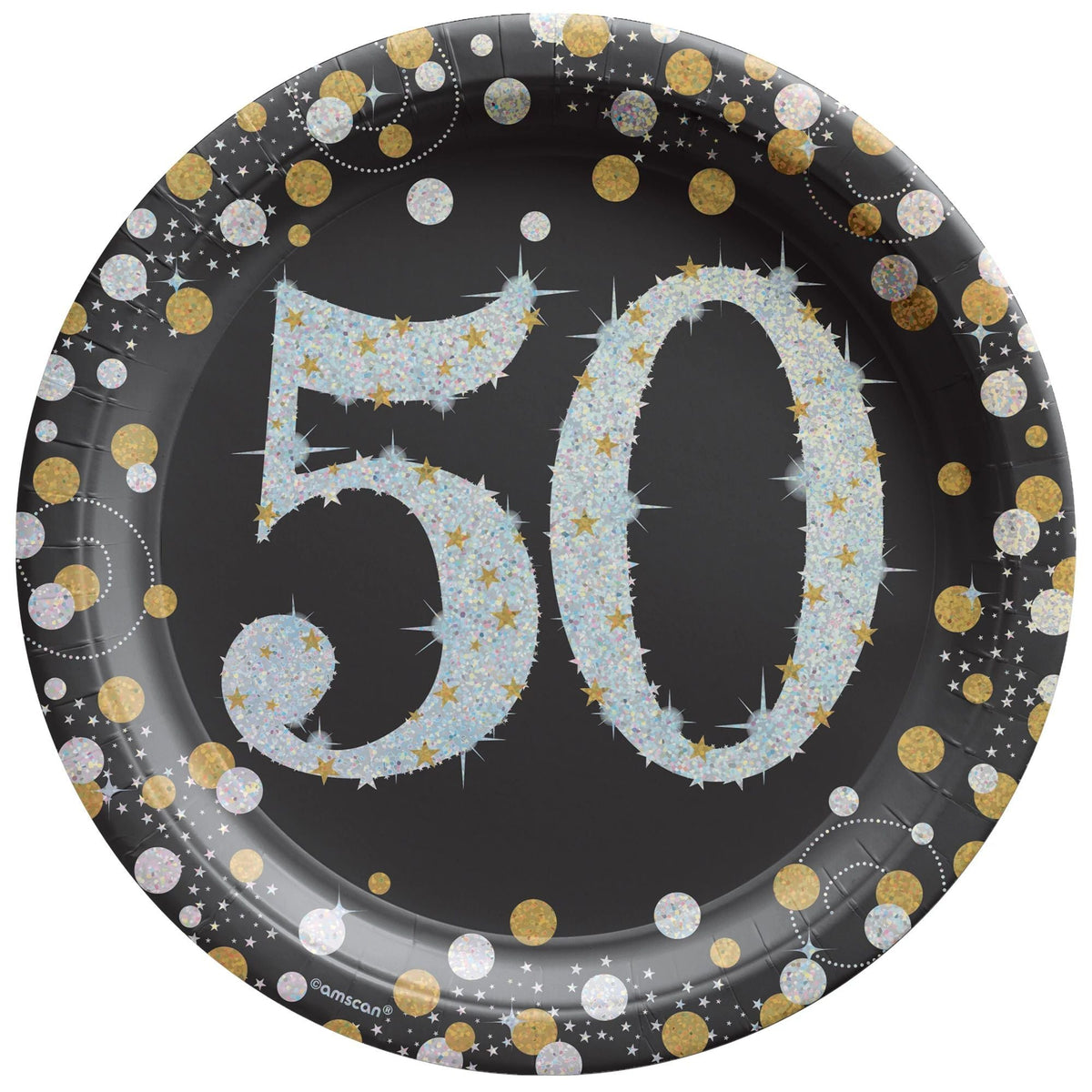 AMSCAN CA Age Specific Birthday 50th Sparkling Celeb Large Round Lunch Paper Plates, 9 Inches, 8 Count