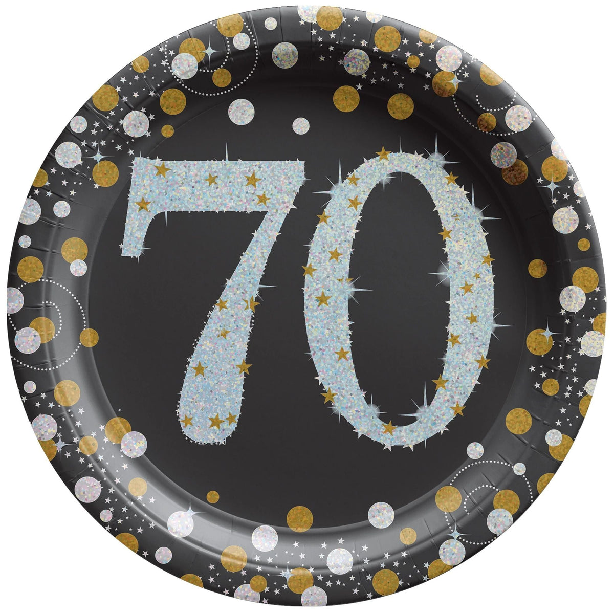 AMSCAN CA Age Specific Birthday 70th Sparkling Celeb Small Round Dessert Paper Plates, 7 Inches, 8 Count