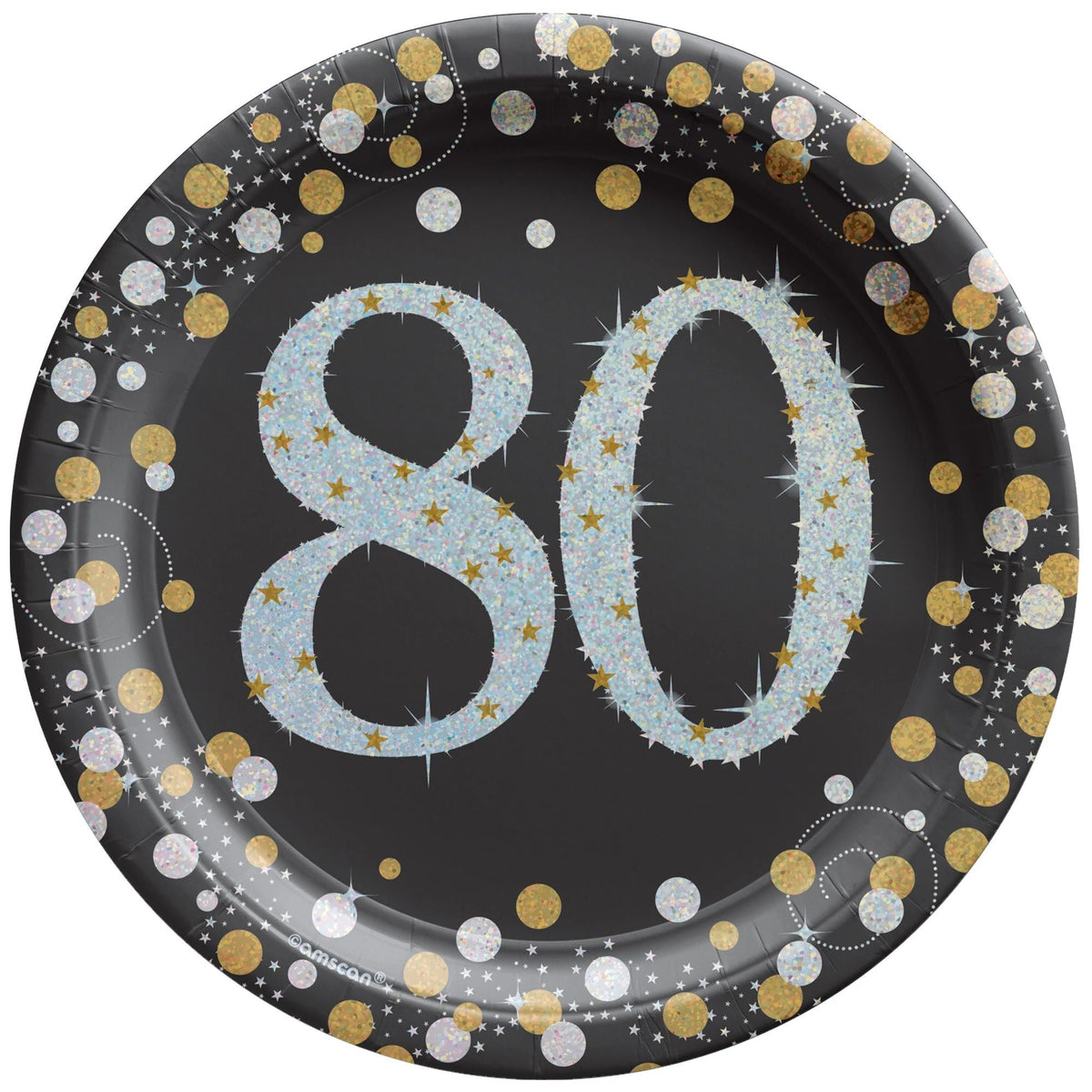 AMSCAN CA Age Specific Birthday 80th Sparkling Celeb Small Round Dessert Paper Plates, 7 Inches, 8 Count