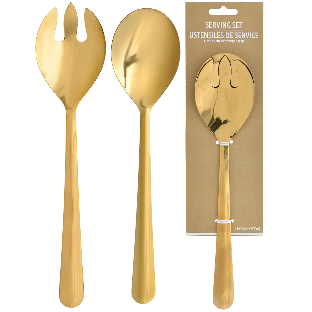 AMSCAN CA Disposable-Plasticware Gold Stainless Steel Serving Spoon and Fork, 1 Count