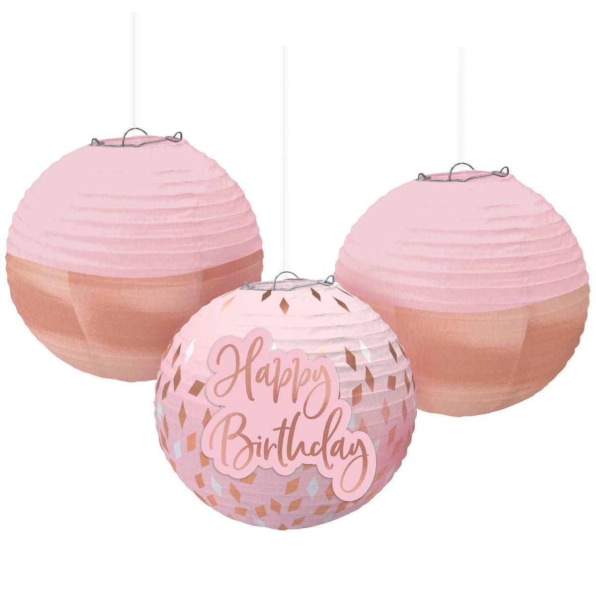 AMSCAN CA General Birthday Blush Birthday Hanging Round Paper Lanterns, 9 1/2 Inches, 3 Count 192937377666
