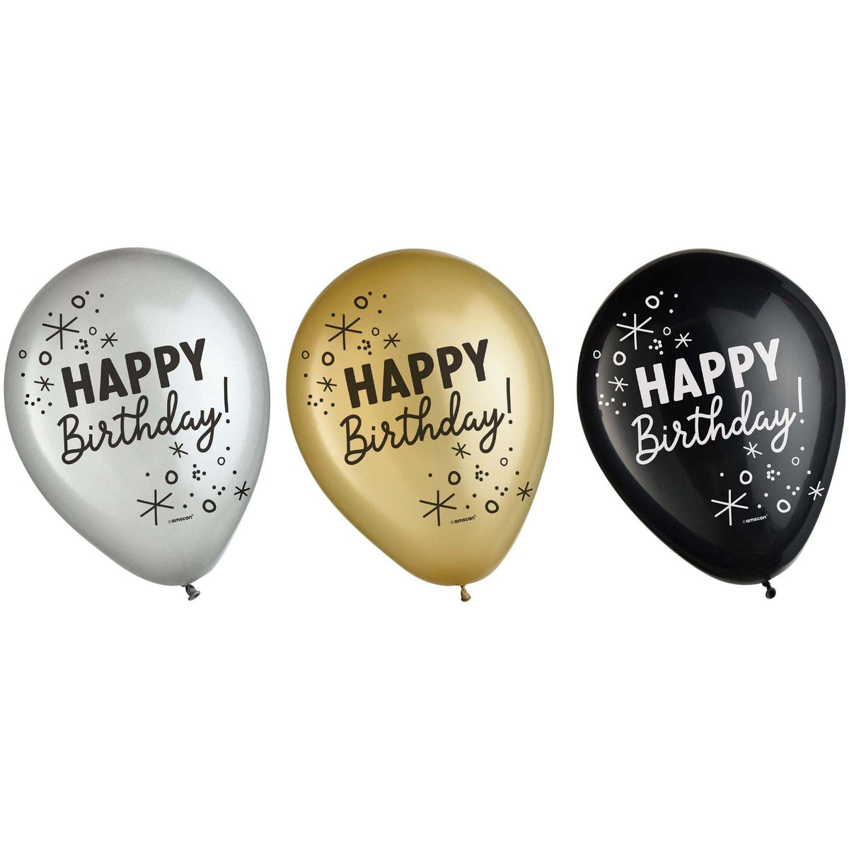 AMSCAN CA General Birthday Happy Birthday Printed Latex Baloons, Silver, Gold and Black, 12 Inches, 15 Count