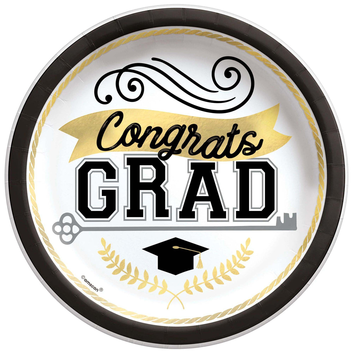 AMSCAN CA Graduation Achievement's Key Large Round Lunch Paper Plates, 9 Inches, 50 Count 192937227374