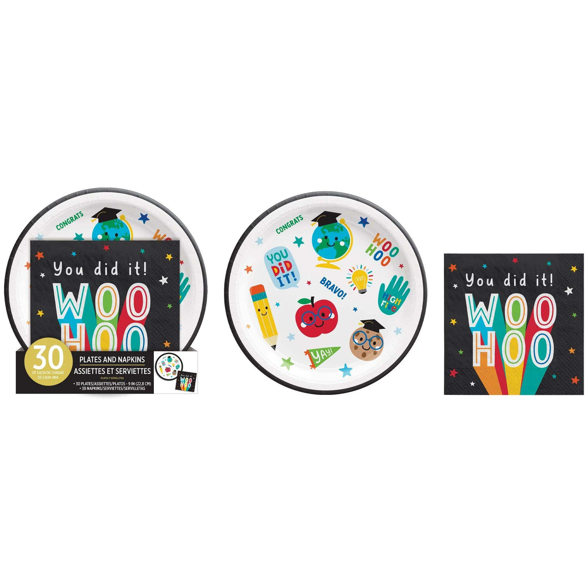 AMSCAN CA Graduation Graduation Fun Large Round Lunch Paper Plates & Large Lunch Napkins Value Pack, 60 Count