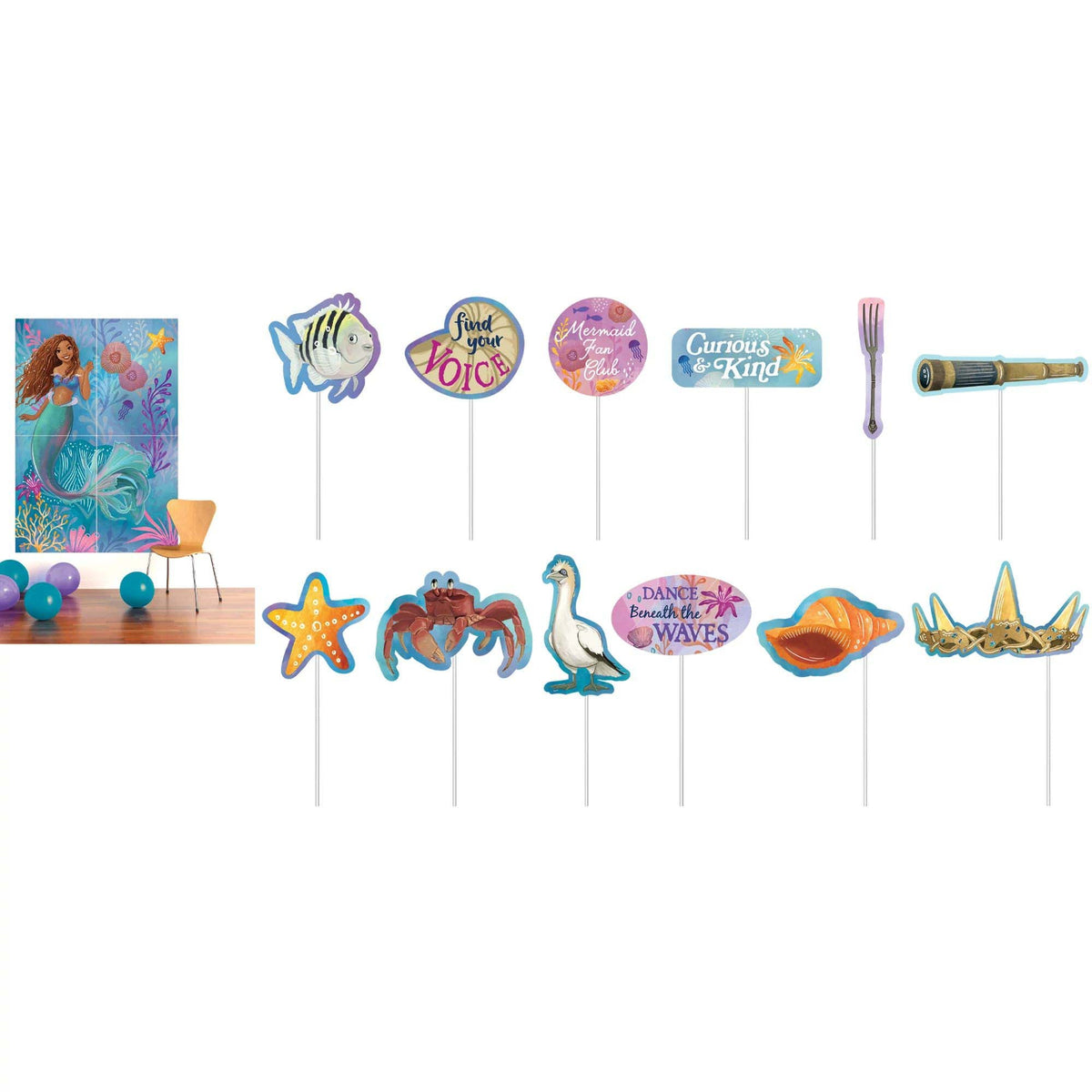 AMSCAN CA Kids Birthday The Little Mermaid Birthday Scene Setter with Props, 59 x 65 Inches, 16 Count 192937382141