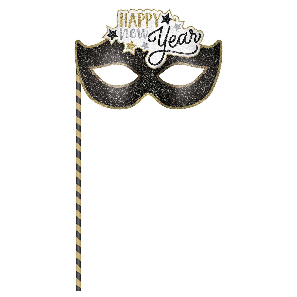 AMSCAN CA New Year Happy New Year Black Glitter Mask on a Stick, 1 Count 192937273685