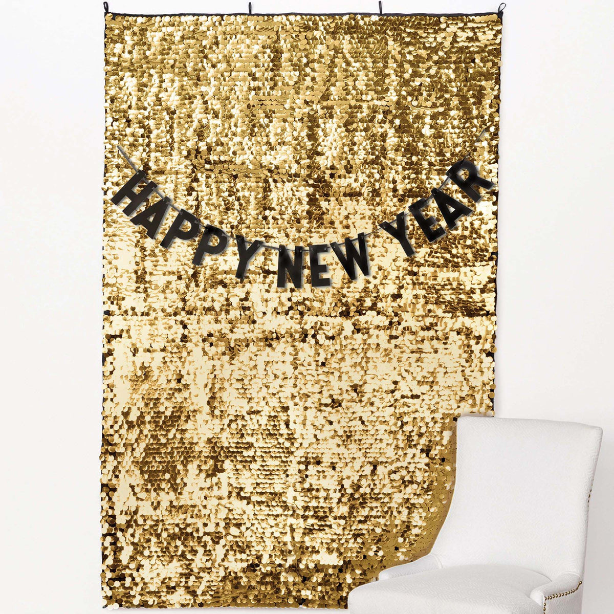 AMSCAN CA New Year Happy New Year Gold Paillette Backdrop Set, 72 x 48 Inches, 1 Count