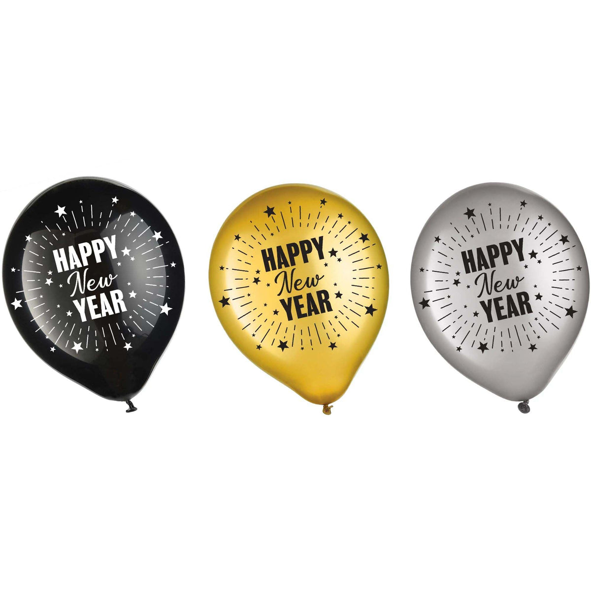 AMSCAN CA New Year Happy New Year Latex Balloons, Black, Gold and Silver, 12 Inches, 15 Count